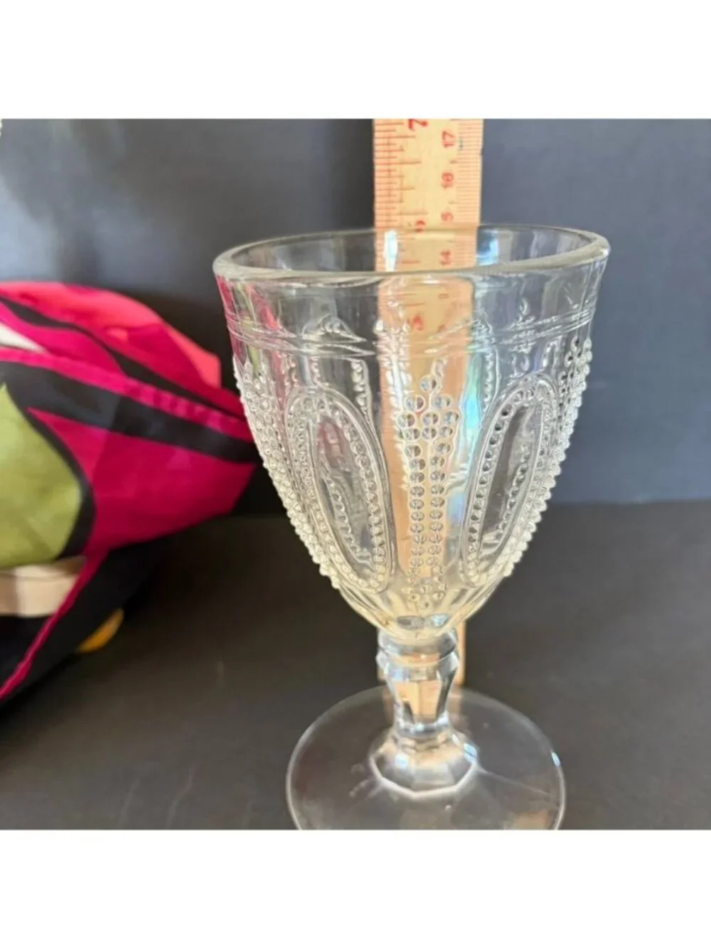 4 L.G. Wright Beaded Oval & Scroll Goblets 1970s Clear Pressed Glass 5.5